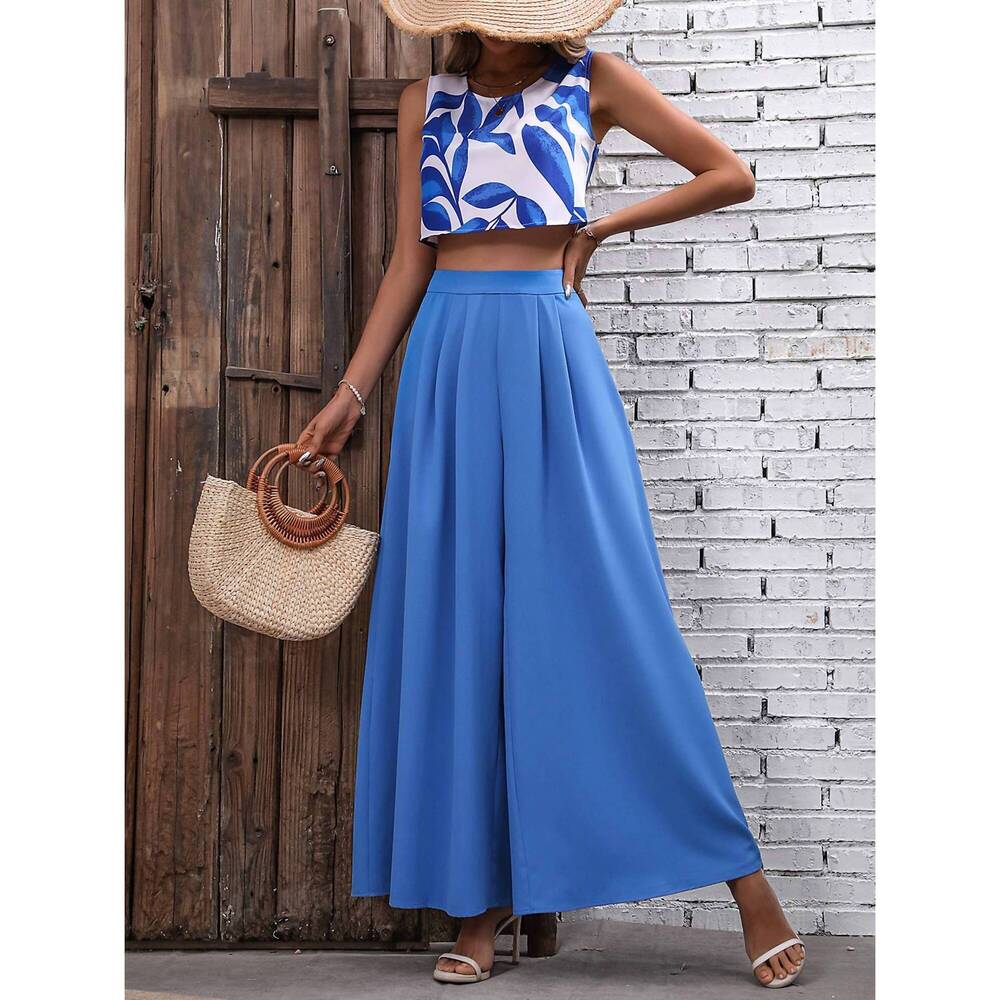 NEW ROSA CLOTHING printed top wide-leg pants two-piece set in blue